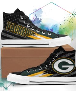 Green Bay Packers Canvas High Top Shoes Custom American Flag Sneakers