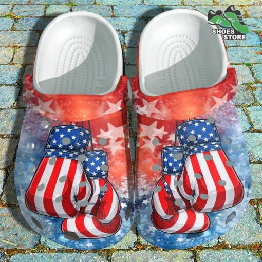 Boxing Fighter Breast Cancer Crocs America Flag Shoes, USA Pugilism Soldiers Veterans 4th Of July Shoes