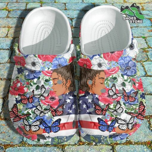 Butterfly Black Magic Girl 4th Of July Shoes, Flowers Garden Butterflies America Flag Crocs