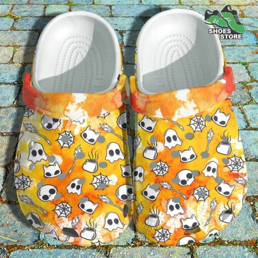 Cat Skull Halloween Sticker Crocs Shoes Clogs, Cute Chibi Skeleton Crocs Shoes