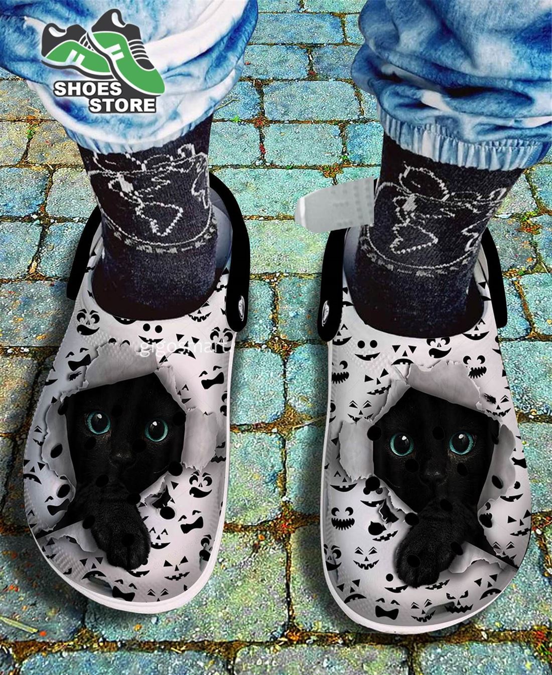 Cute 3D Black Cat Crocs Shoes, Scary Face Pumpkin Pattern Crocs Shoes Mother