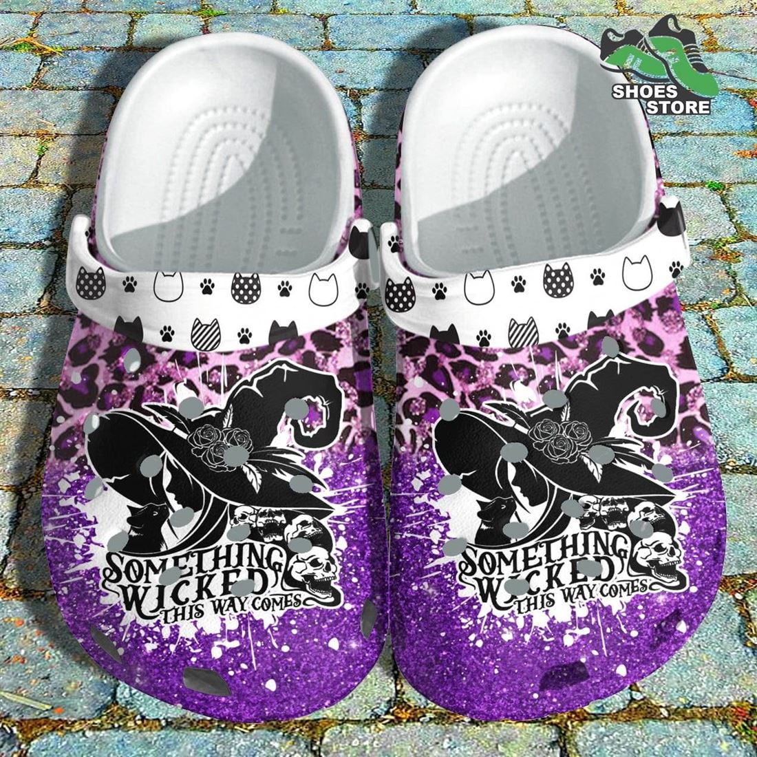 Cute Cat Witch Flower Skull Crocs Shoes, Something Wicked This Way Comes Crocs Shoes