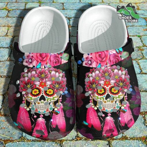 Cute Sugar Skull Mexican Girl Crocs Shoes, Sugar Skull Rose Flower Crocs Shoes