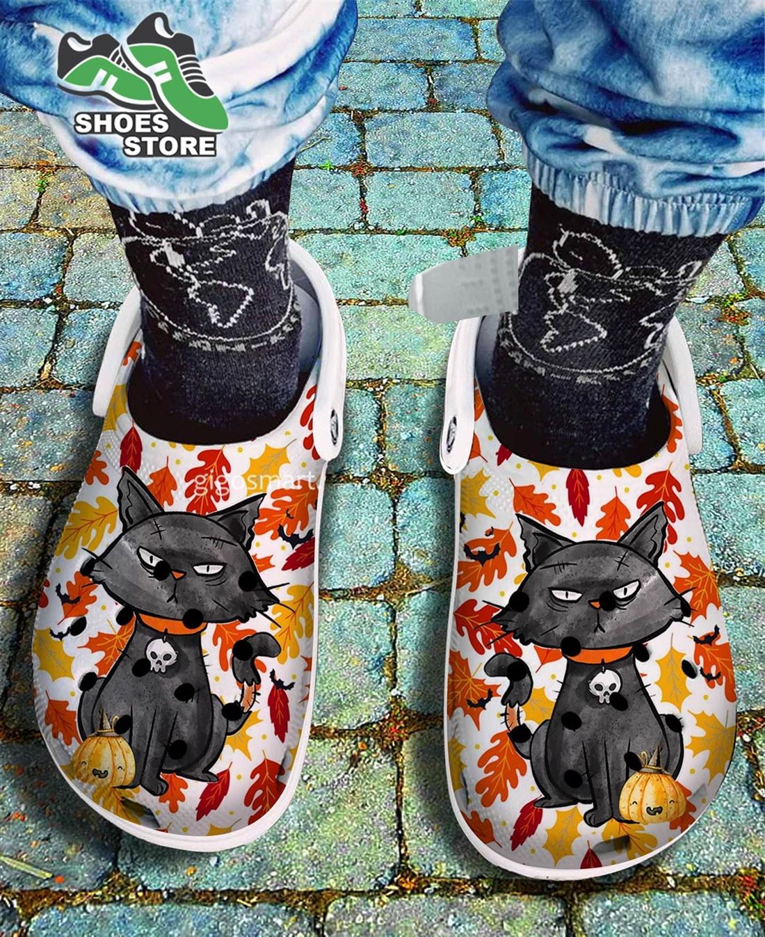Gangster Cat Wear Skull Crocs Shoes, Autumn Fall Pumpkin Crocs Shoes Niece