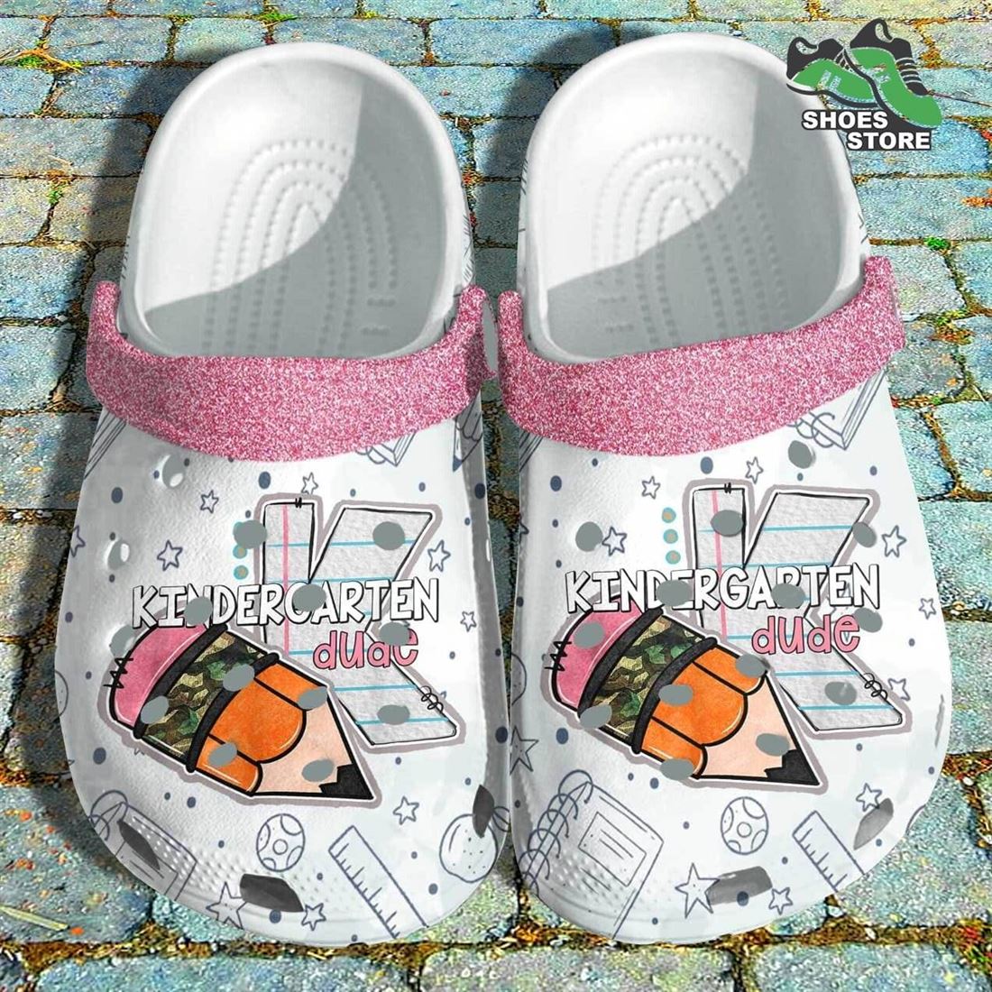 Glitter Pink Kindergarten Dude Crocs Shoes, Camo Kids Back To School Crocs Shoes