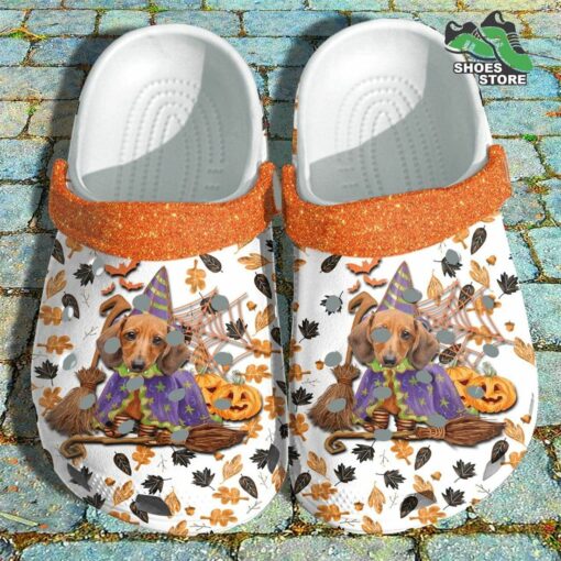 Halloween Dachshund Dog Witch Pumpkin Crocs Shoes, Funny Beagle Witch Halloween Crocs Shoes