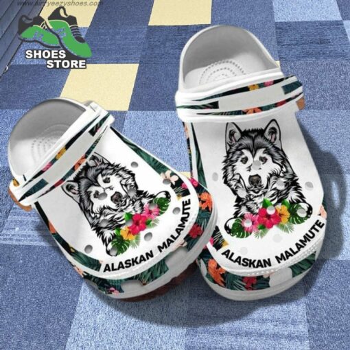Alaskan Malamute Slippers Dog Mom Hibiscus Flowers Crocs Shoes