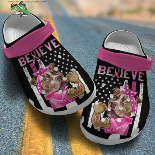Believe Breast Cancer Warrior Pitbull Puppy October For Pitbull Mom Crocs Shoes