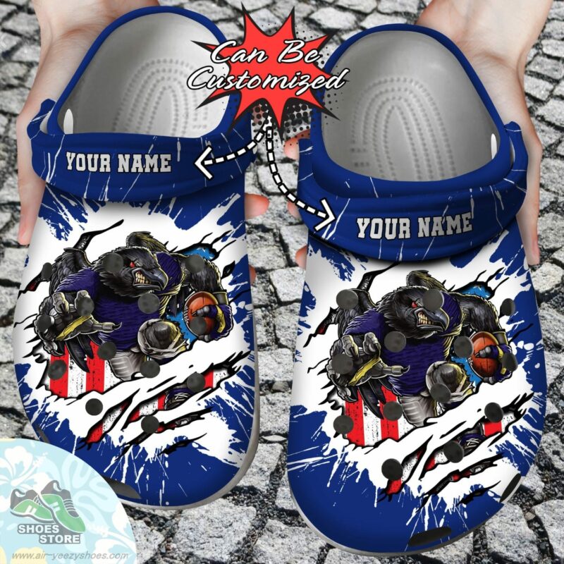 Personalized Baltimore Ravens Mascot Ripped Flag Clog Shoes, Football ...