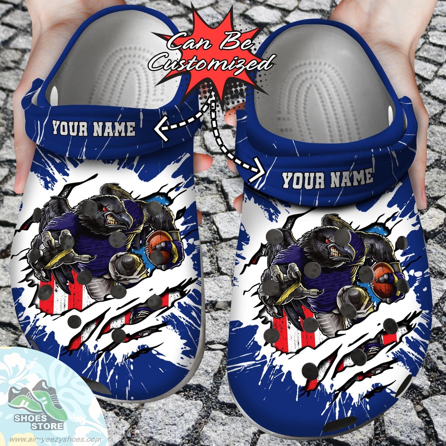 Personalized Baltimore Ravens Mascot Ripped Flag Clog Shoes Football Crocs Shoes