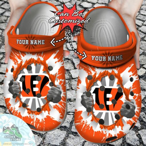 Personalized Cincinnati Bengals Hands Ripping Light Clog Shoes, Football Crocs Shoes