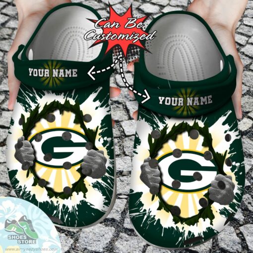 Personalized Green Bay Packers Hands Ripping Light Clog Shoes, Football Crocs Shoes