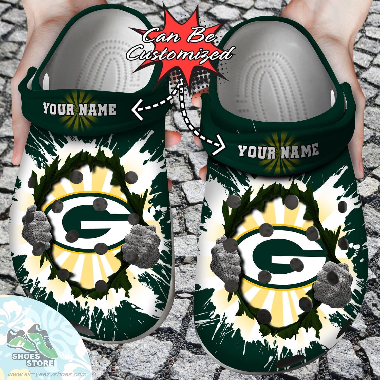 Personalized Green Bay Packers Hands Ripping Light Clog Shoes Football Crocs Shoes