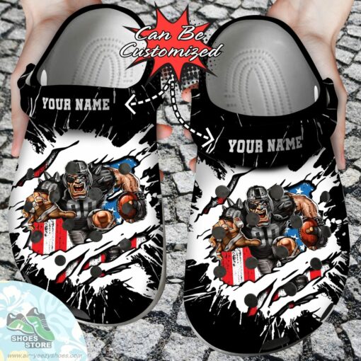 Personalized Las Vegas Raiders Mascot Ripped Flag Clog Shoes, Football Crocs Shoes