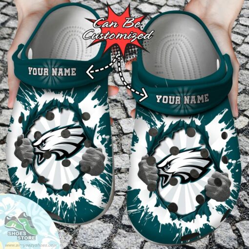 Personalized Philadelphia Eagles Hands Ripping Light Clog Shoes, Football Crocs Shoes