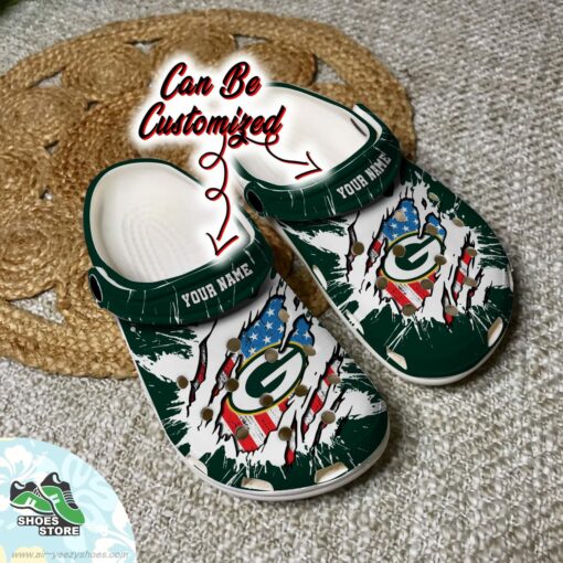 Personalized Green Bay Packers American Flag Clog, Football Crocs Shoes