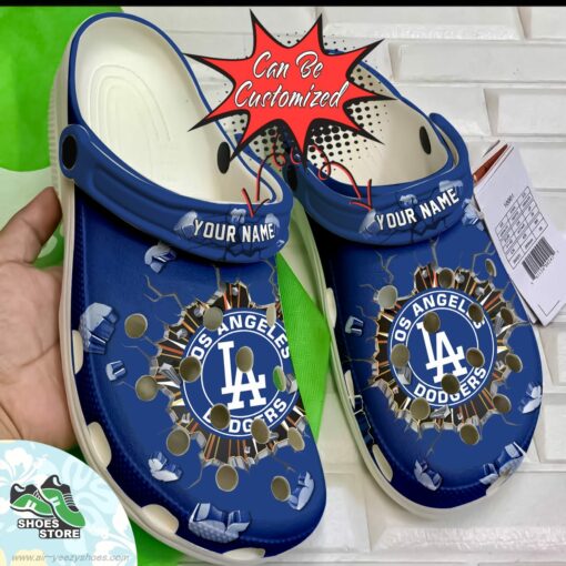 Personalized Los Angeles Dodgers Ball Breaking Wall Clogs Shoes, Baseball Crocs Shoes