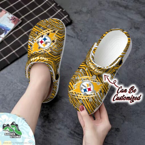 Personalized Pittsburgh Steelers Ripped Zebra Print Paint Clog, Football Crocs Shoes