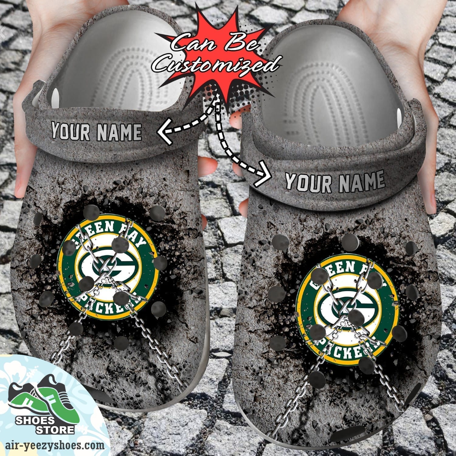 Green Bay Packers Personalized Chain Breaking Wall Clog Shoes, Football Crocs