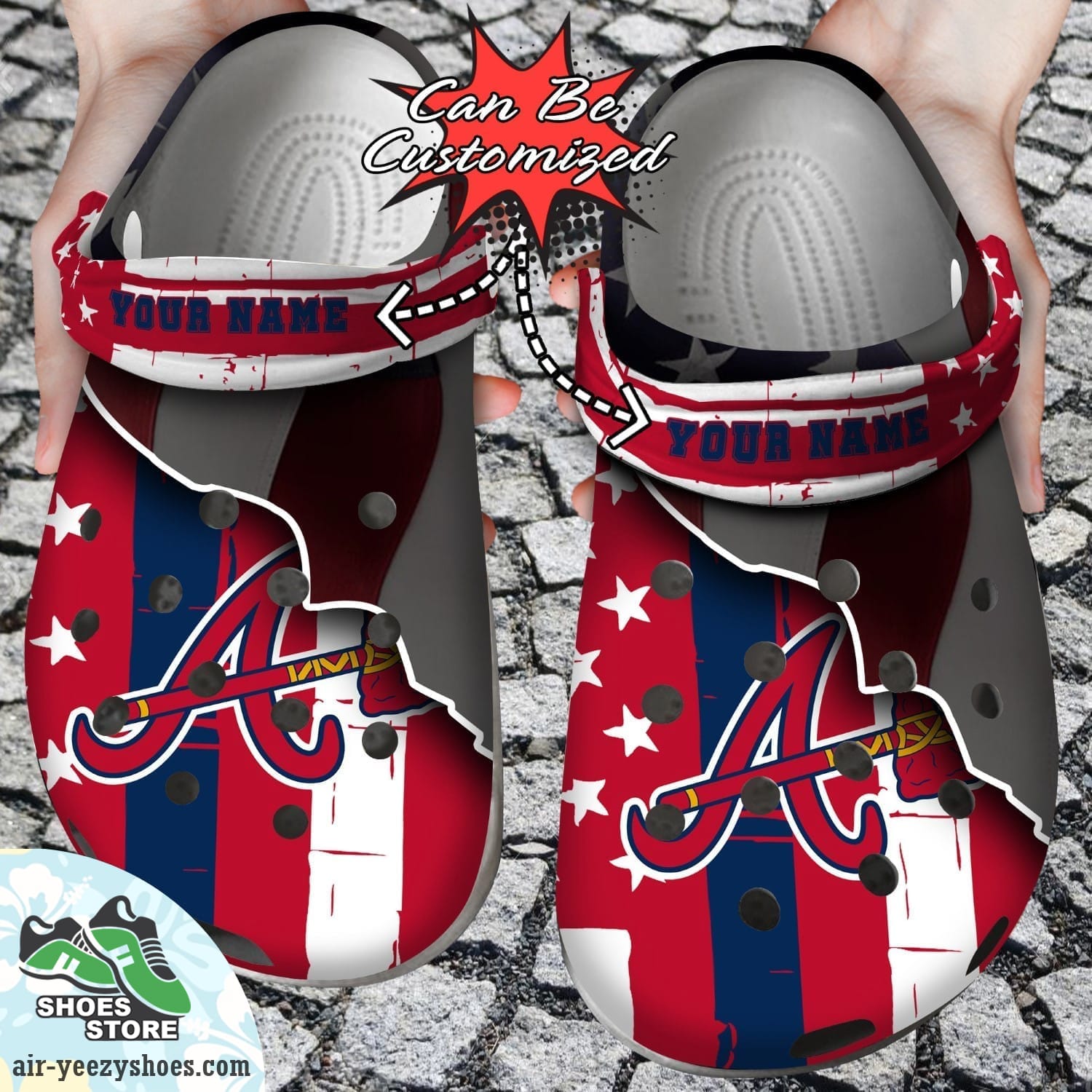 Personalized Atlanta Braves Baseball Team American Flag Line Clog Shoes, Braves Crocs