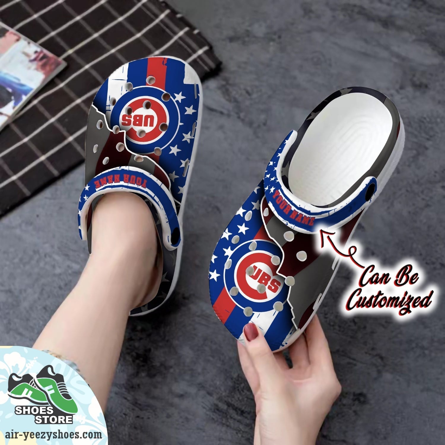 Personalized Chicago Cubs Baseball Team American Flag Line Clog Shoes, Cubs Crocs