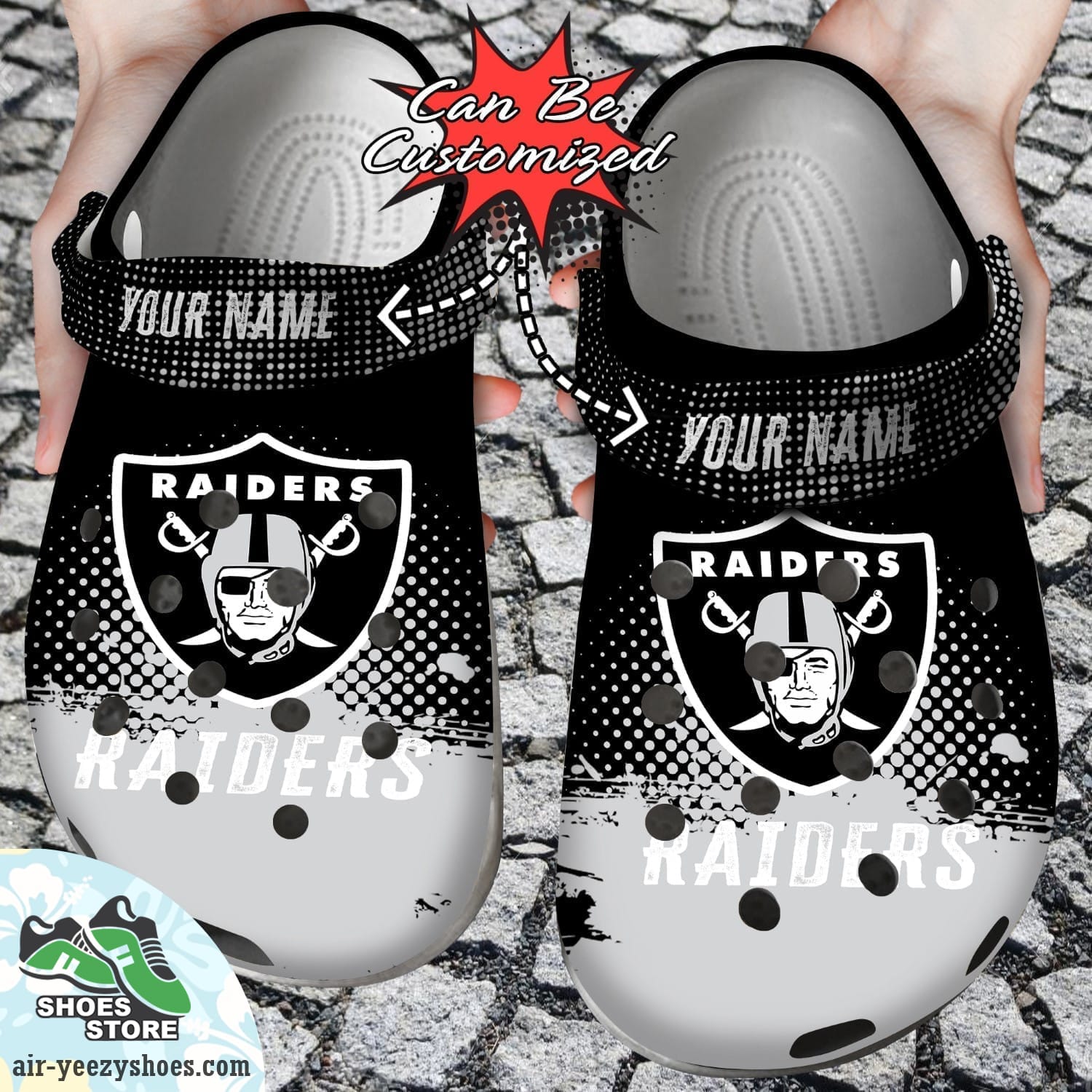 Personalized Las Vegas Raiders Half Tone Drip Flannel Clog Shoes, Football Crocs