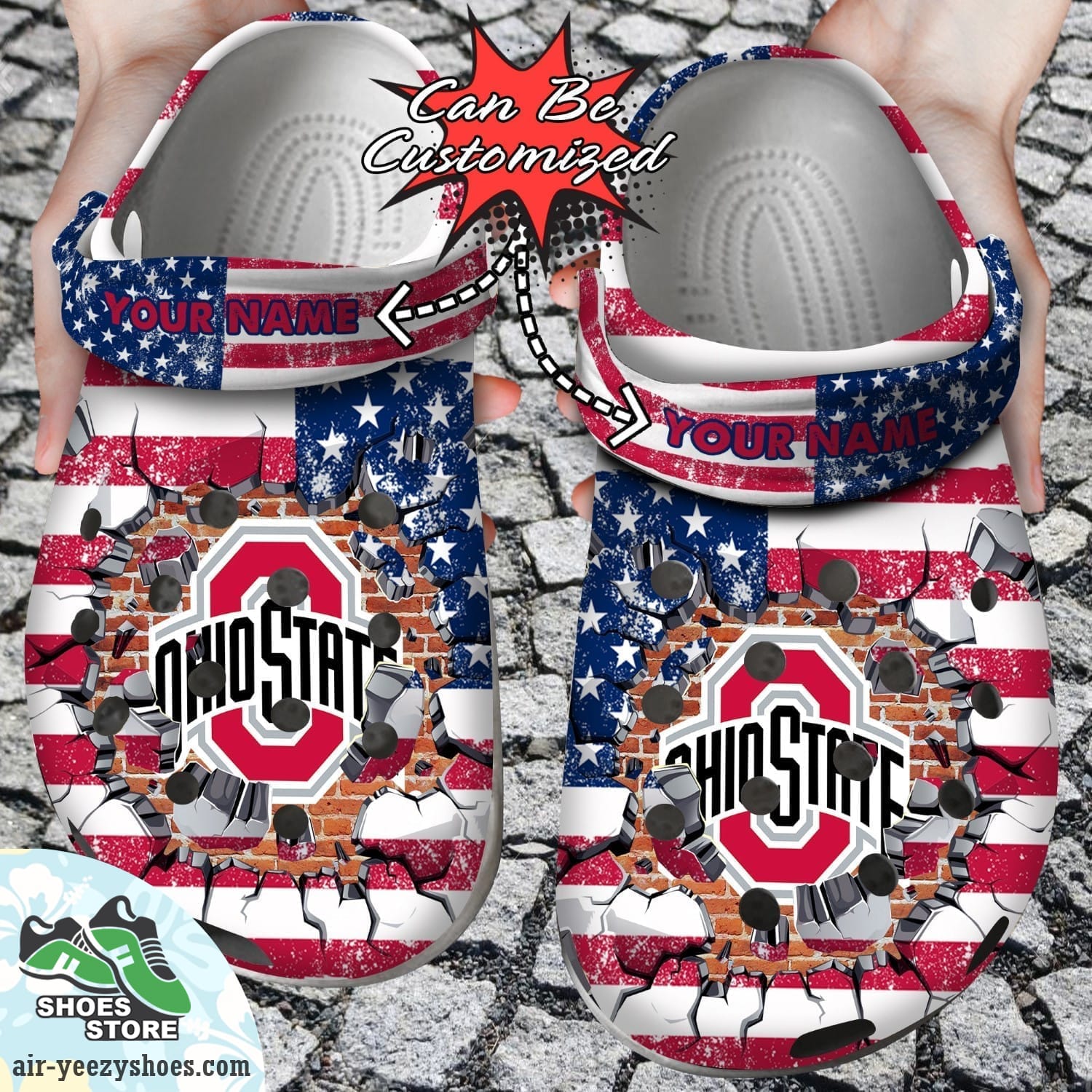 Personalized Ohio State Buckeyes University American Flag New Clog Shoes, Football Crocs