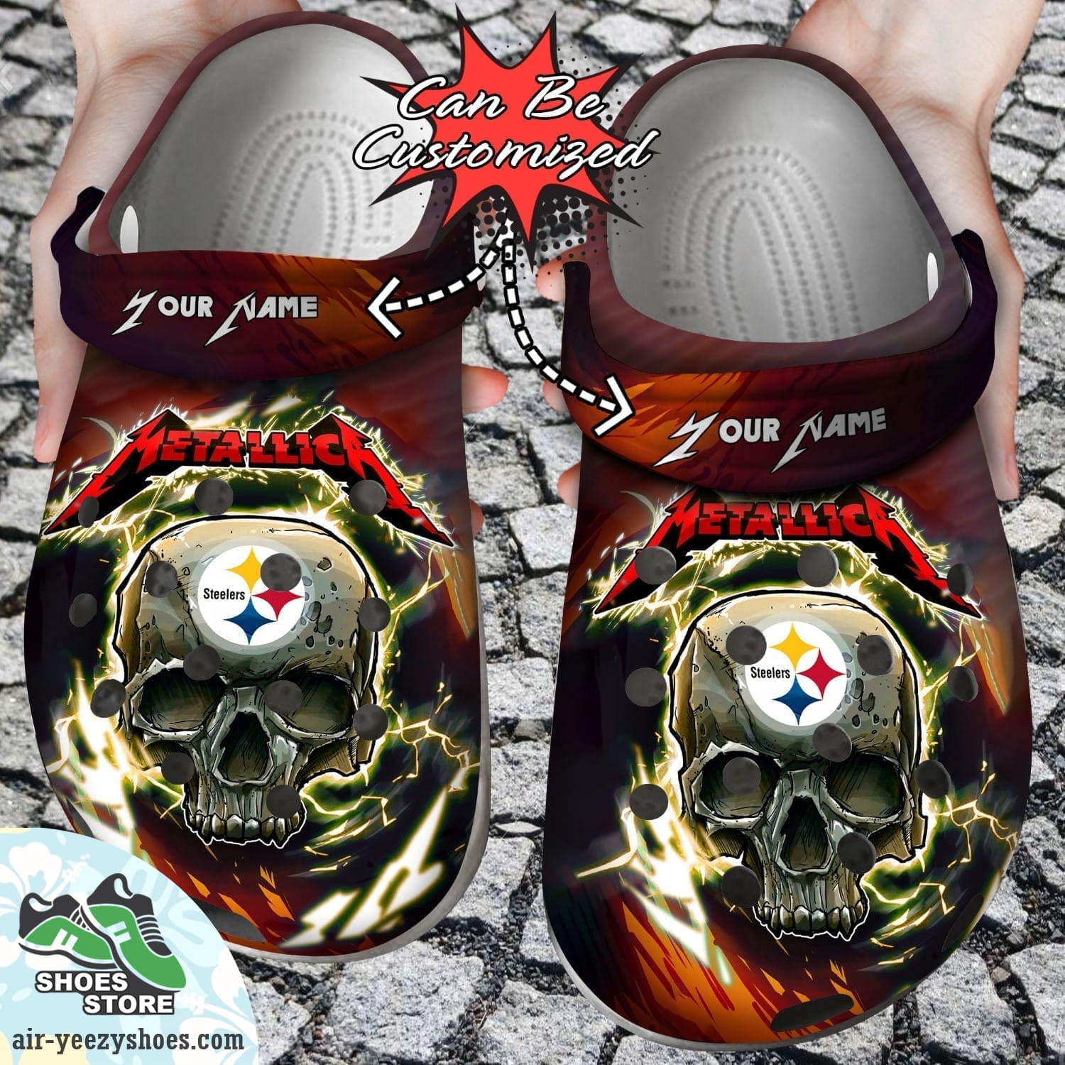 Personalized Skull Lightning Metallica Clog Shoes, Pittsburgh Steelers Crocs