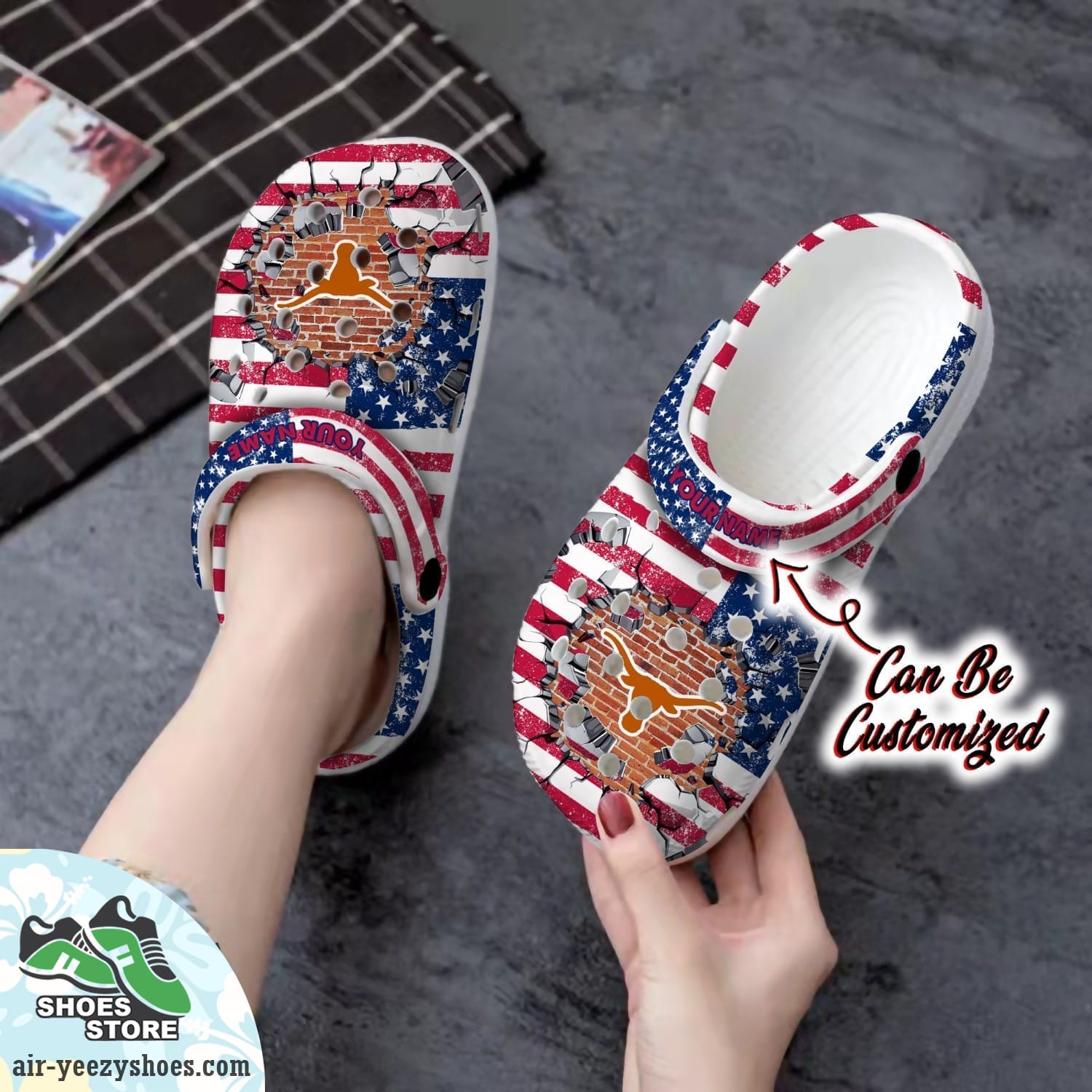 Personalized Texas Longhorns University American Flag New Clog Shoes, Football Crocs