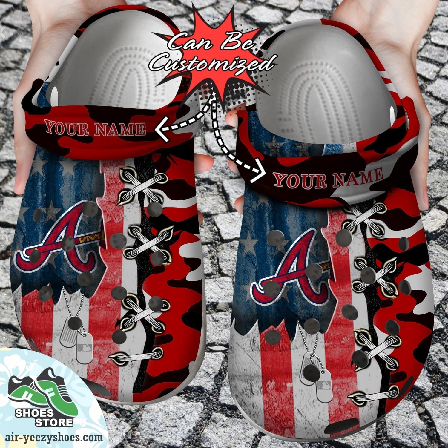 Personalized Us Flag Atlanta Braves Cross Stitch Camo Pattern Clog Shoes, Baseball Crocs