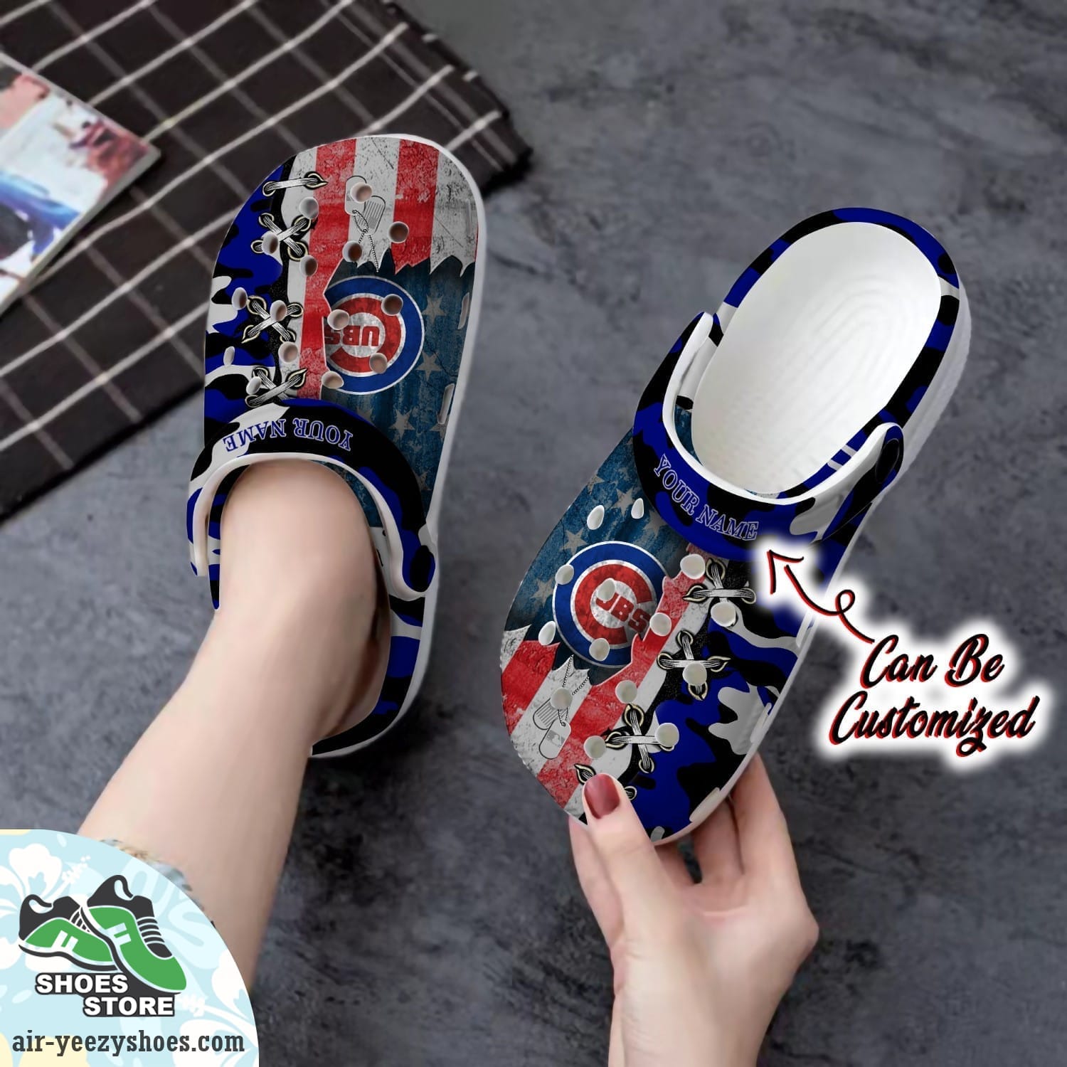 Personalized Us Flag Chicago Cubs Cross Stitch Camo Pattern Clog Shoes, Baseball Crocs