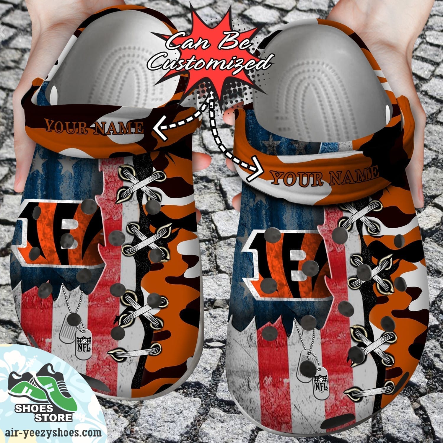 Personalized Us Flag Cincinnati Bengals Cross Stitch Camo Pattern Clog Shoes, Football Crocs
