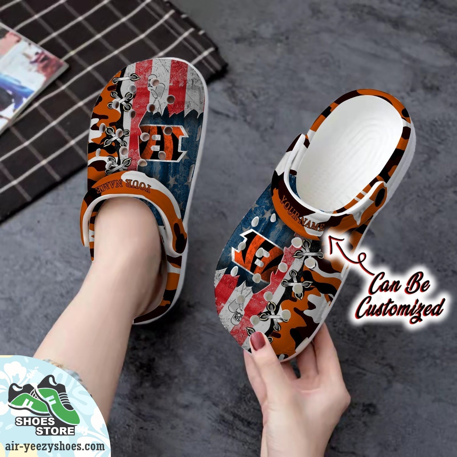 Personalized Us Flag Cincinnati Bengals Cross Stitch Camo Pattern Clog Shoes, Football Crocs