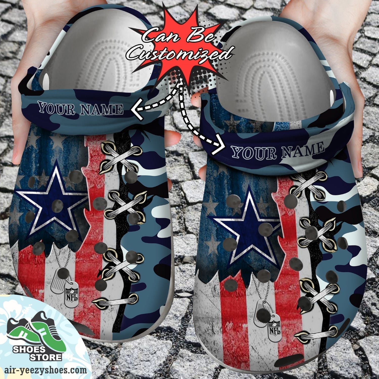 Personalized Us Flag Dallas Cowboys Cross Stitch Camo Pattern Clog Shoes, Football Crocs