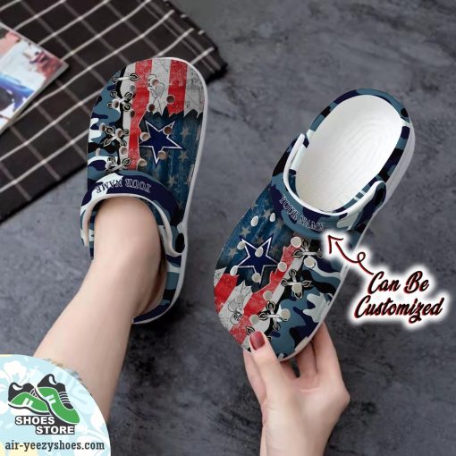 Personalized Us Flag Dallas Cowboys Cross Stitch Camo Pattern Clog Shoes, Football Crocs