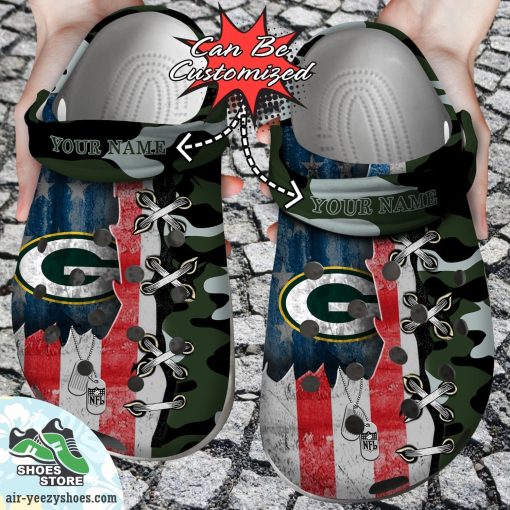 Personalized Us Flag Green Bay Packers Cross Stitch Camo Pattern Clog Shoes, Football Crocs