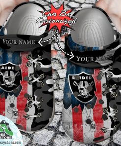 Personalized Us Flag Las Vegas Raiders Cross Stitch Camo Pattern Clog Shoes, Football Crocs