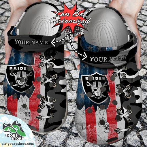 Personalized Us Flag Las Vegas Raiders Cross Stitch Camo Pattern Clog Shoes, Football Crocs