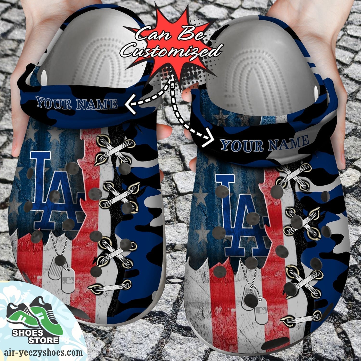 Personalized Us Flag Los Angeles Dodgers Cross Stitch Camo Pattern Clog Shoes, Baseball Crocs