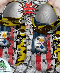 Personalized Us Flag Pittsburgh Steelers Cross Stitch Camo Pattern Clog Shoes, Football Crocs