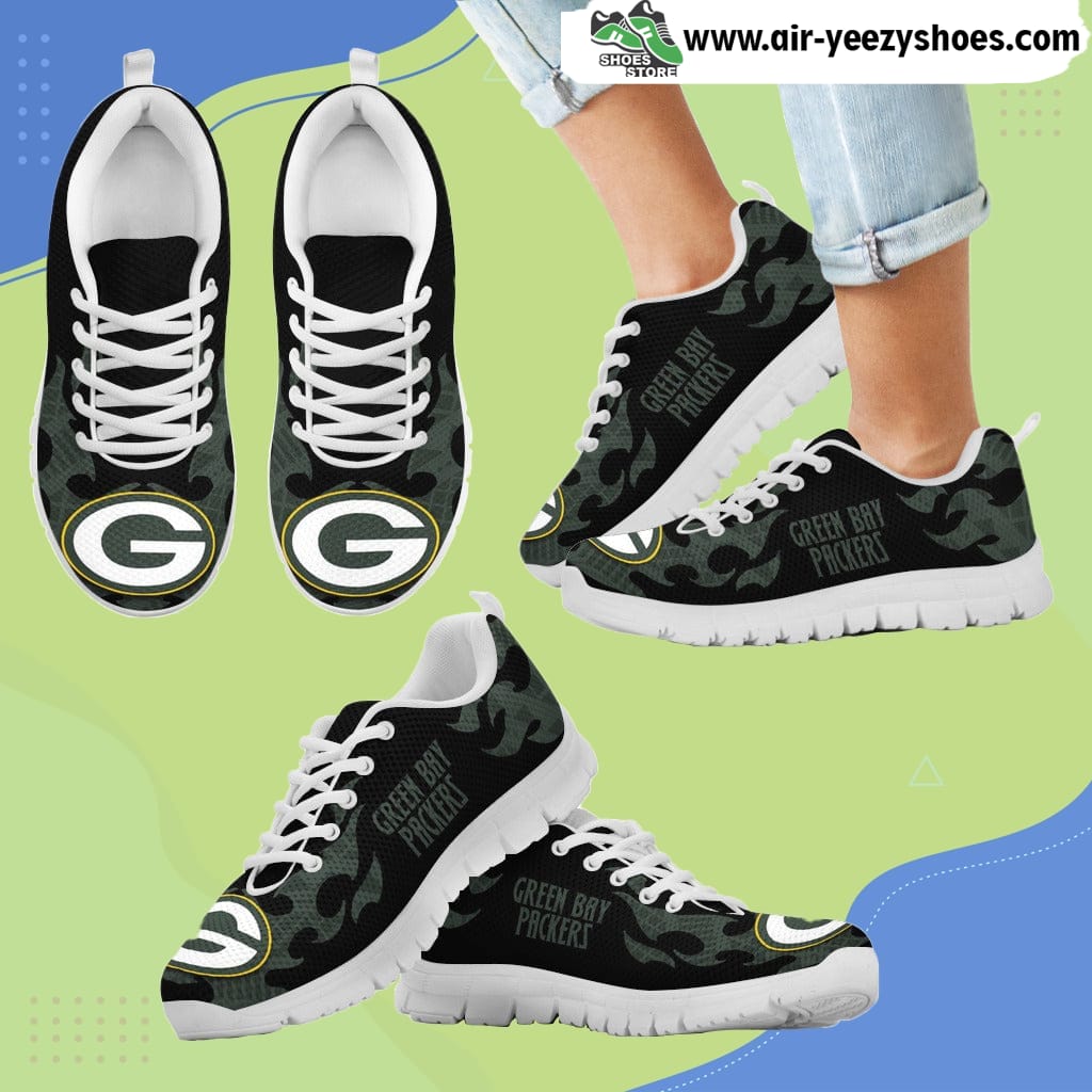 Tribal Flames Pattern Green Bay Packers Breathable Running Sneaker